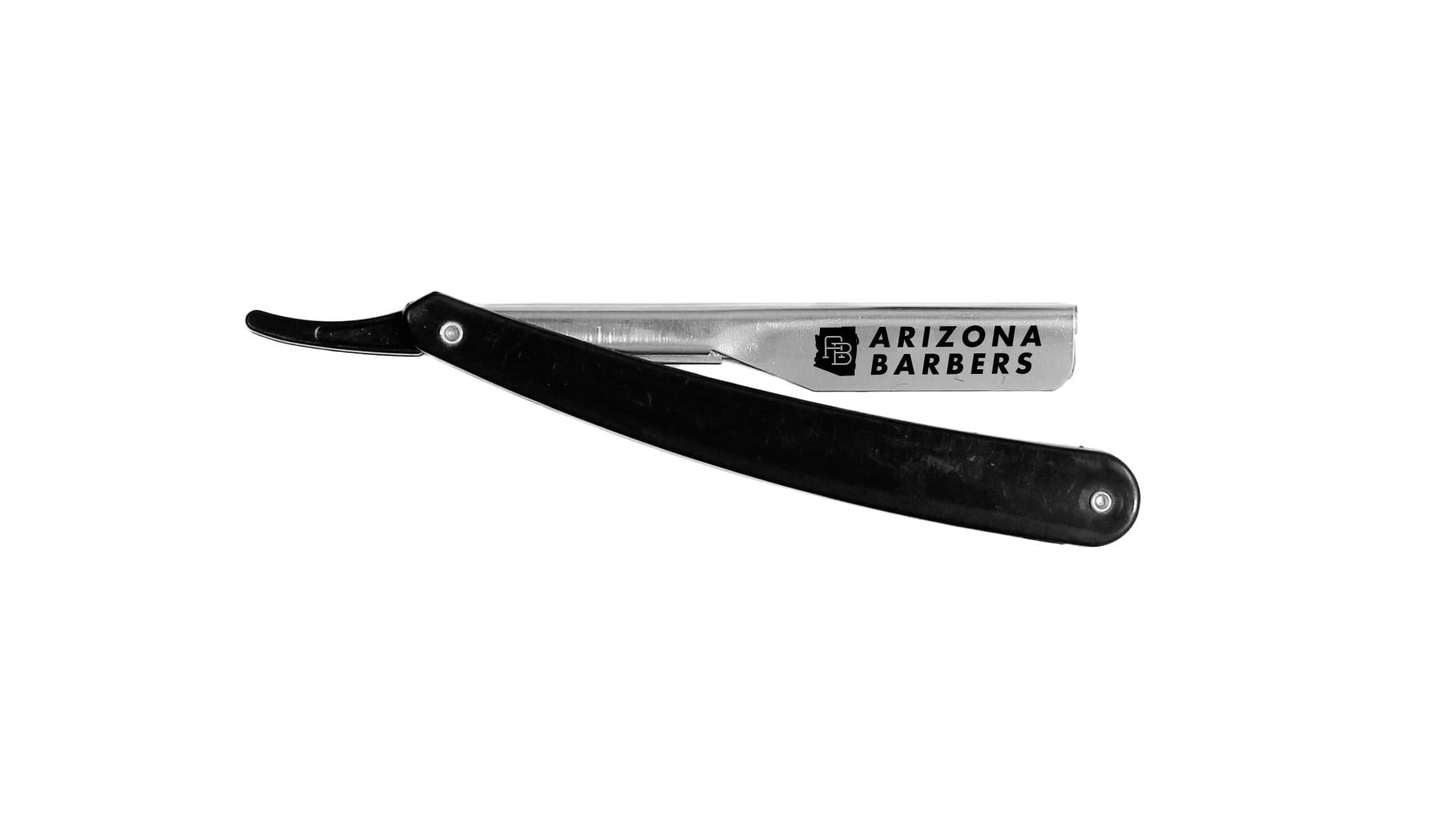A professional black straight-edge razor with the 'Arizona Barbers' brand name etched into the stainless steel blade.