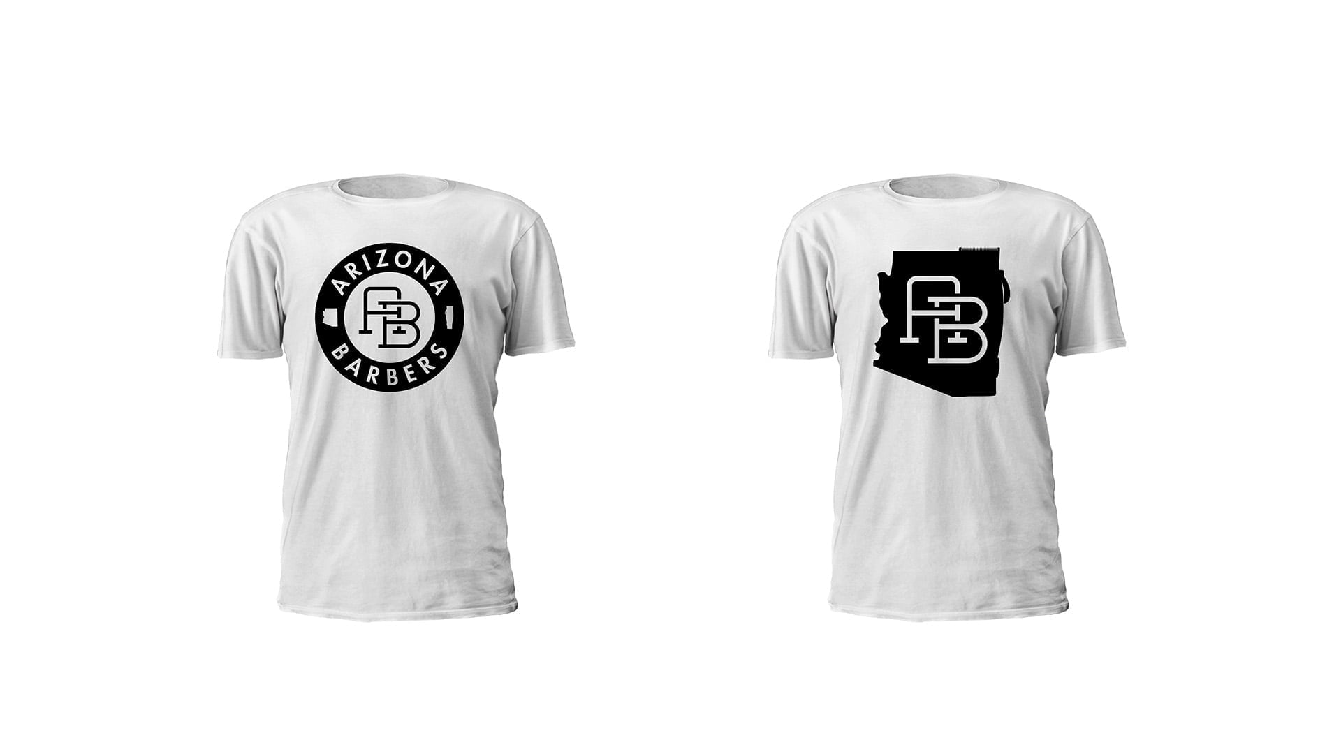 Product mockups of two white t-shirts featuring different Arizona Barbers logo applications: one circular badge and one large monogram.
