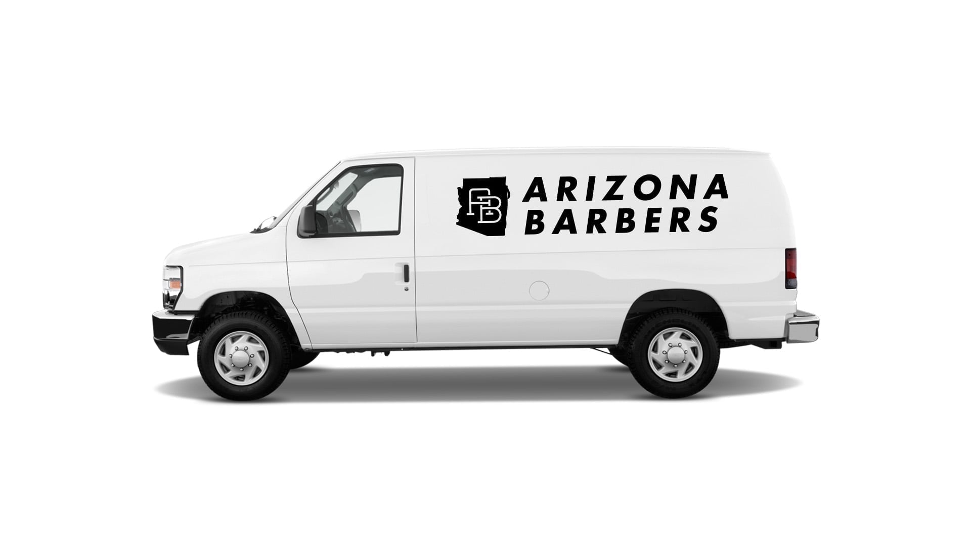A white cargo van featuring a clean Arizona Barbers vehicle wrap with the logo on the side panel.