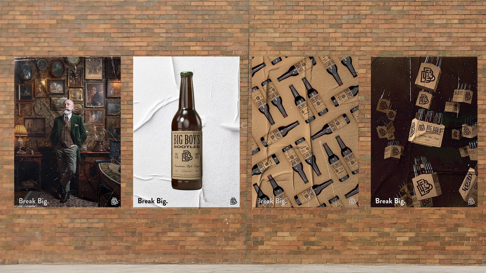 A flat-lay arrangement of four vintage-style marketing flyers for Big Boy's Bootleg beer on a rustic wood surface.