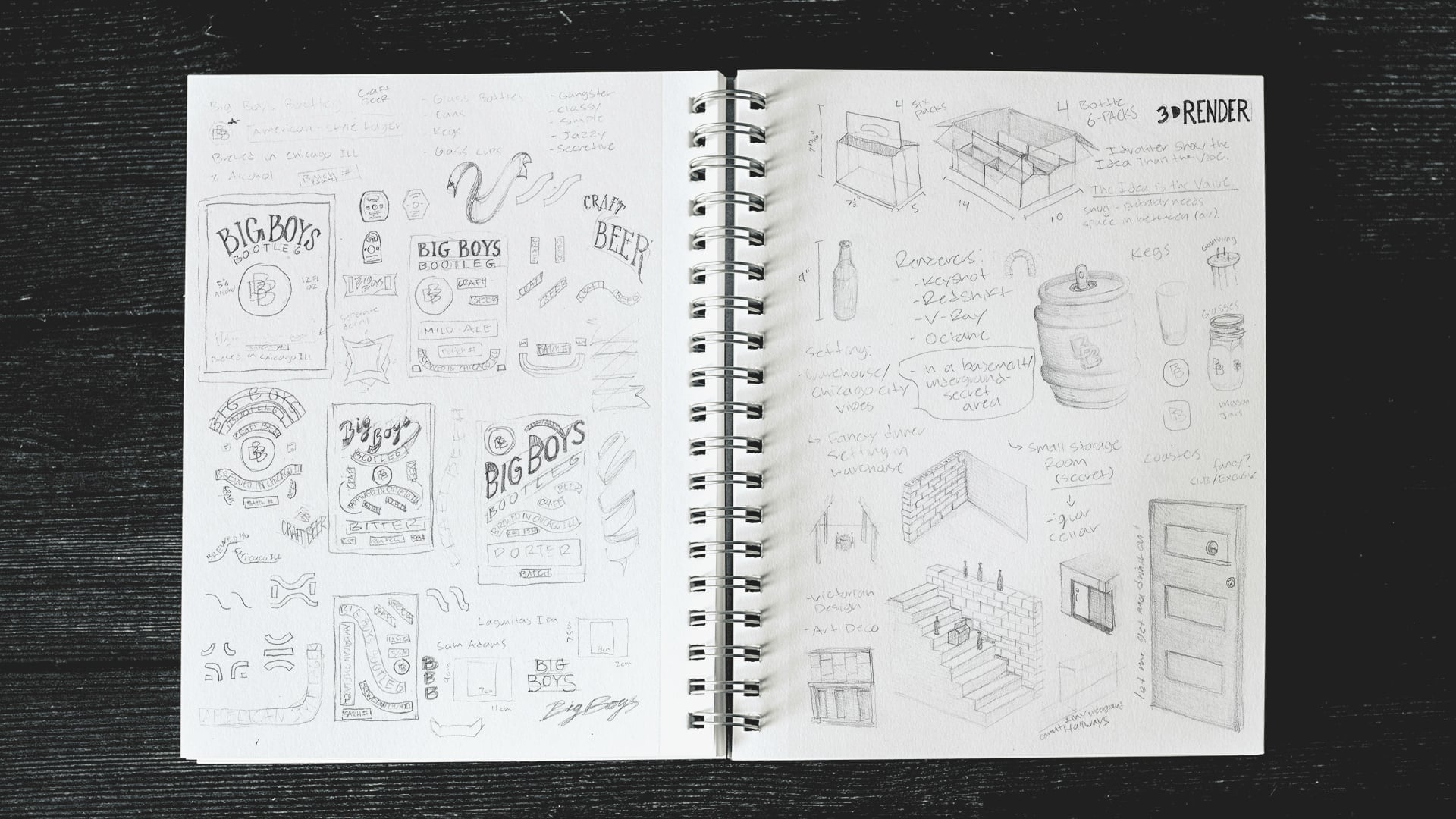 A spiral-bound sketchbook open to pages filled with hand-drawn logo concepts and bottle illustrations for Big Boy's Bootleg.