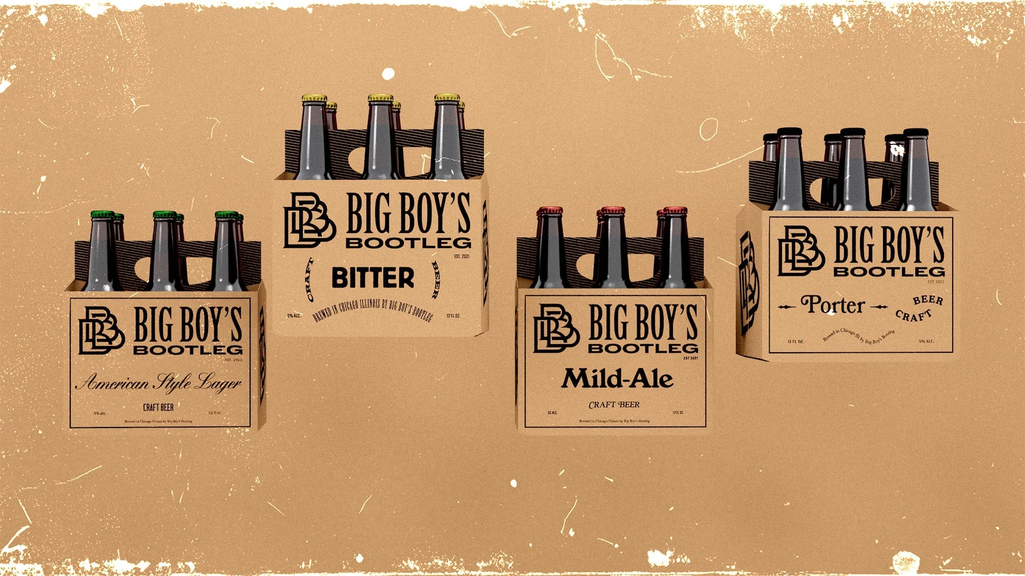 'Brown paper, four beer bottles, 'Big Boy's Bootleg' label, 'American Style', 'Bitter', 'Mild-Ale', 'Porter'.'