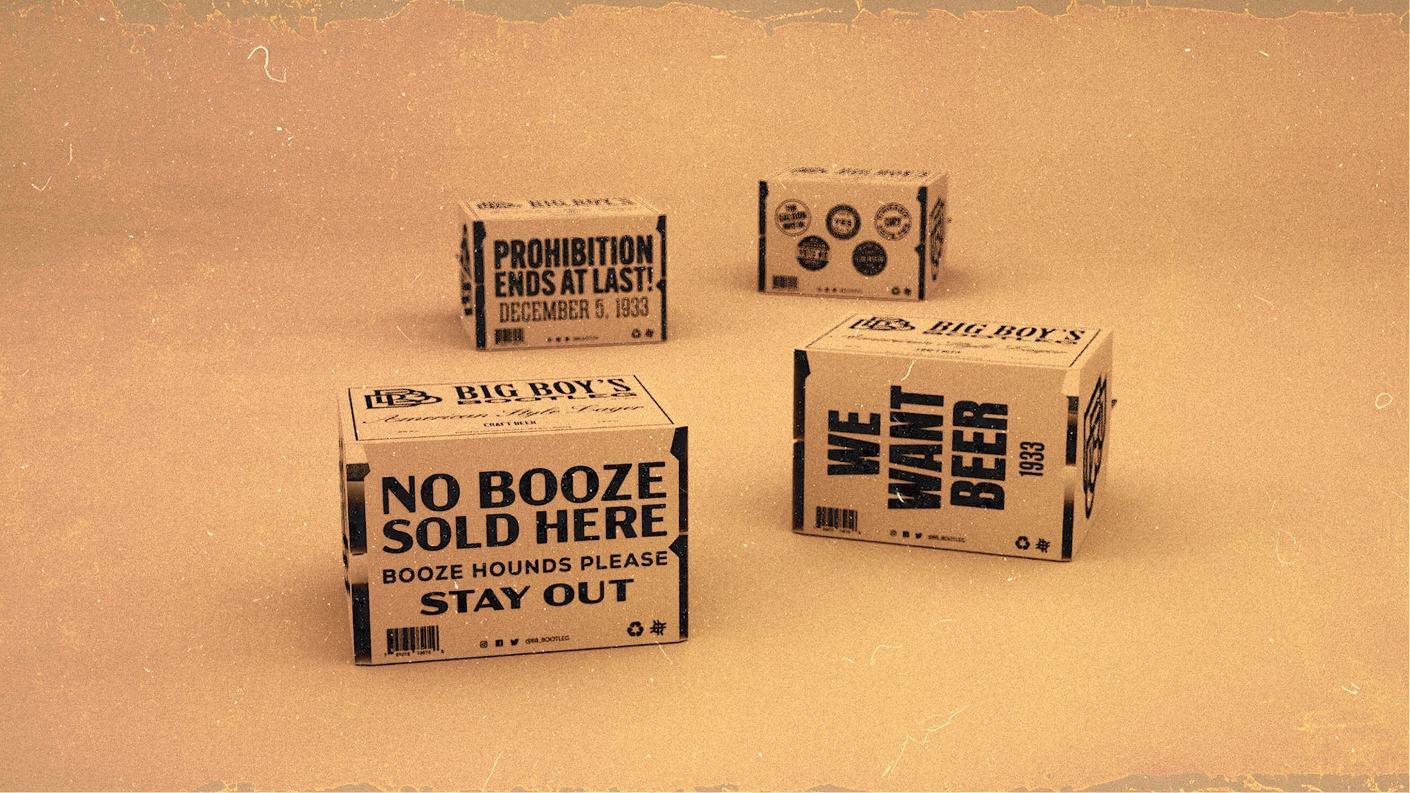 'Brown paper boxes, 'Big Boy's' and 'We Want Beer' text, old-style font, black and white.'