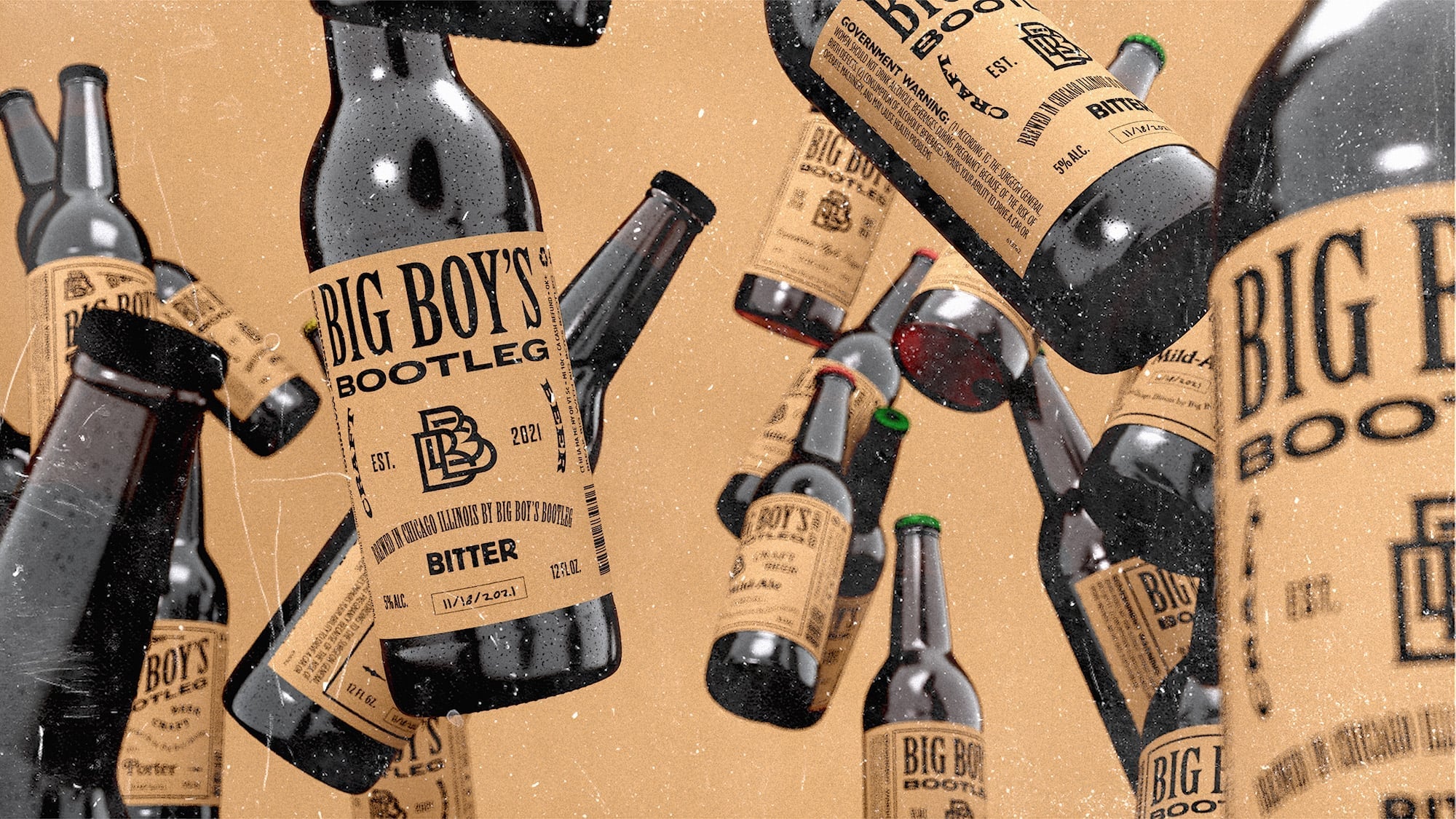 'Brown cardboard background, numerous dark brown glass bottles with tan labels, 'Big Boy's Bootleg' and 'Bitter' text.'