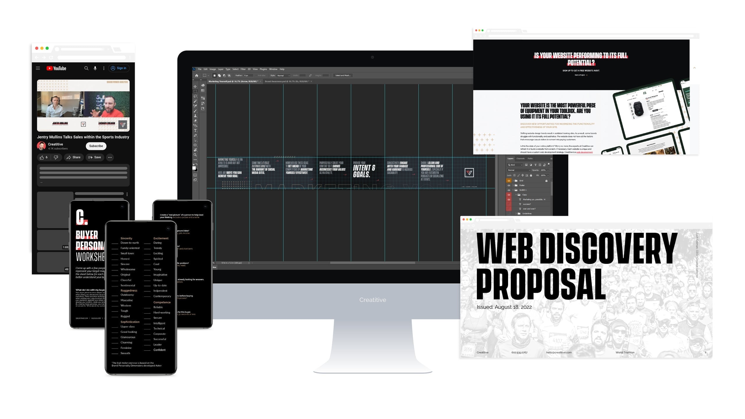 Multi-device mockup showcasing a 'Web Discovery Proposal' for a client, demonstrating responsive design across desktop, tablet, and mobile.