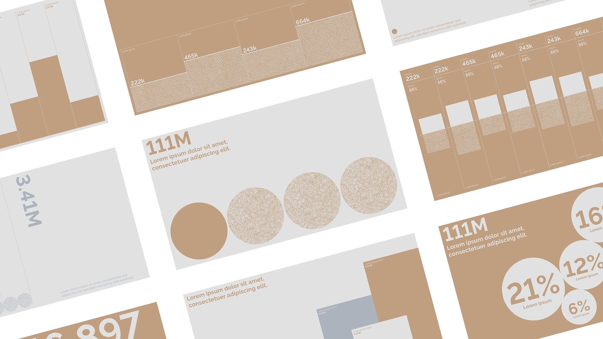 A collection of complex marketing data visualizations, including heatmaps, growth charts, and conversion rate infographics.