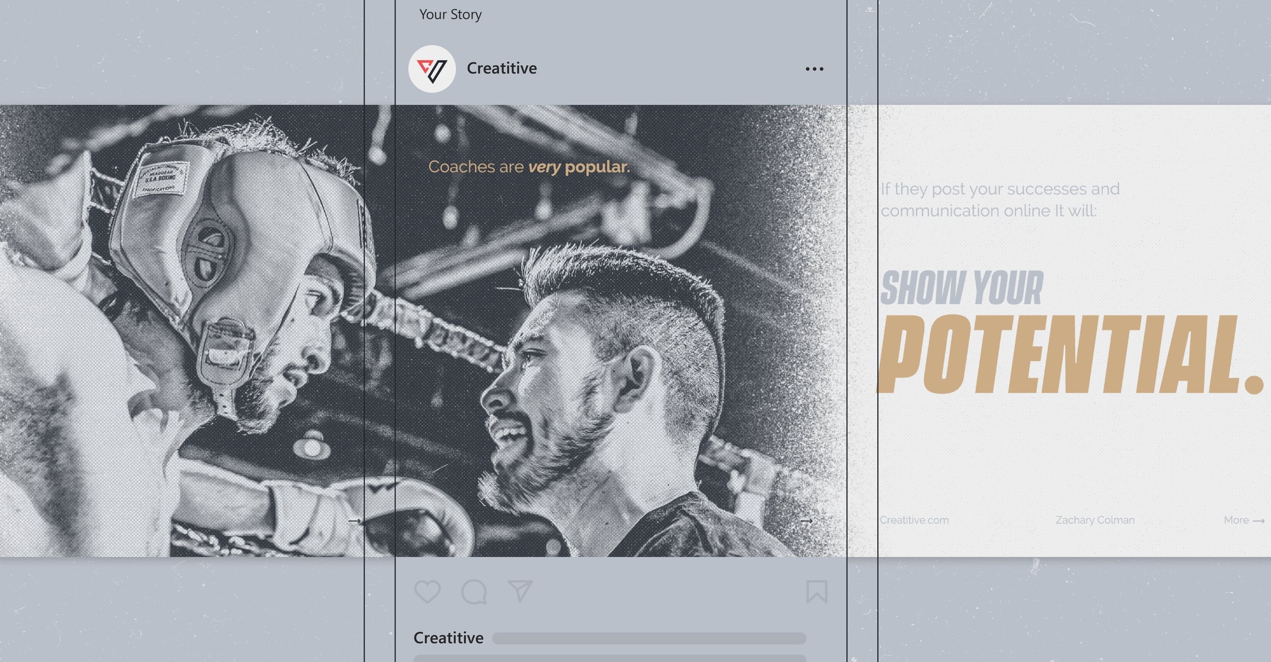 A bold, high-contrast black and white illustration of a boxer with the motivational text 'GROW YOUR POTENTIAL'.