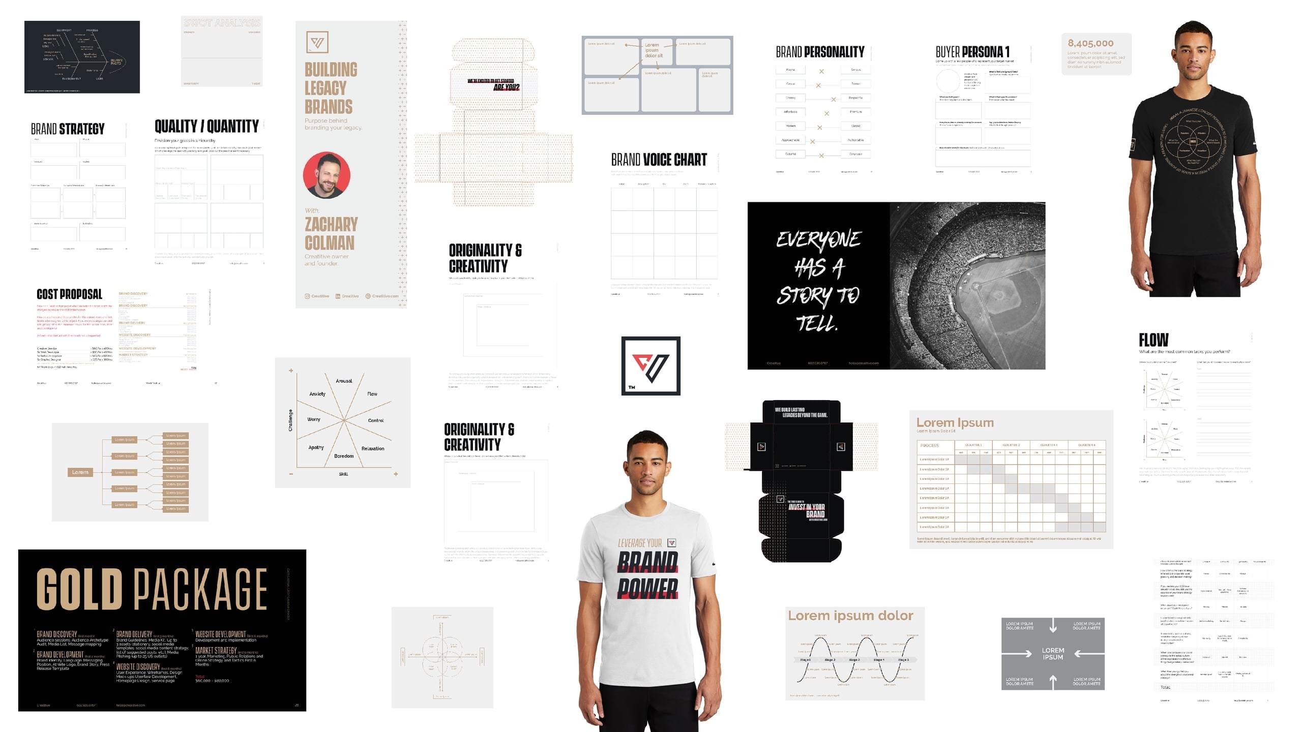 A comprehensive 'Gold Package' branding toolkit featuring logo variations, business cards, shirt designs, and strategy guides.