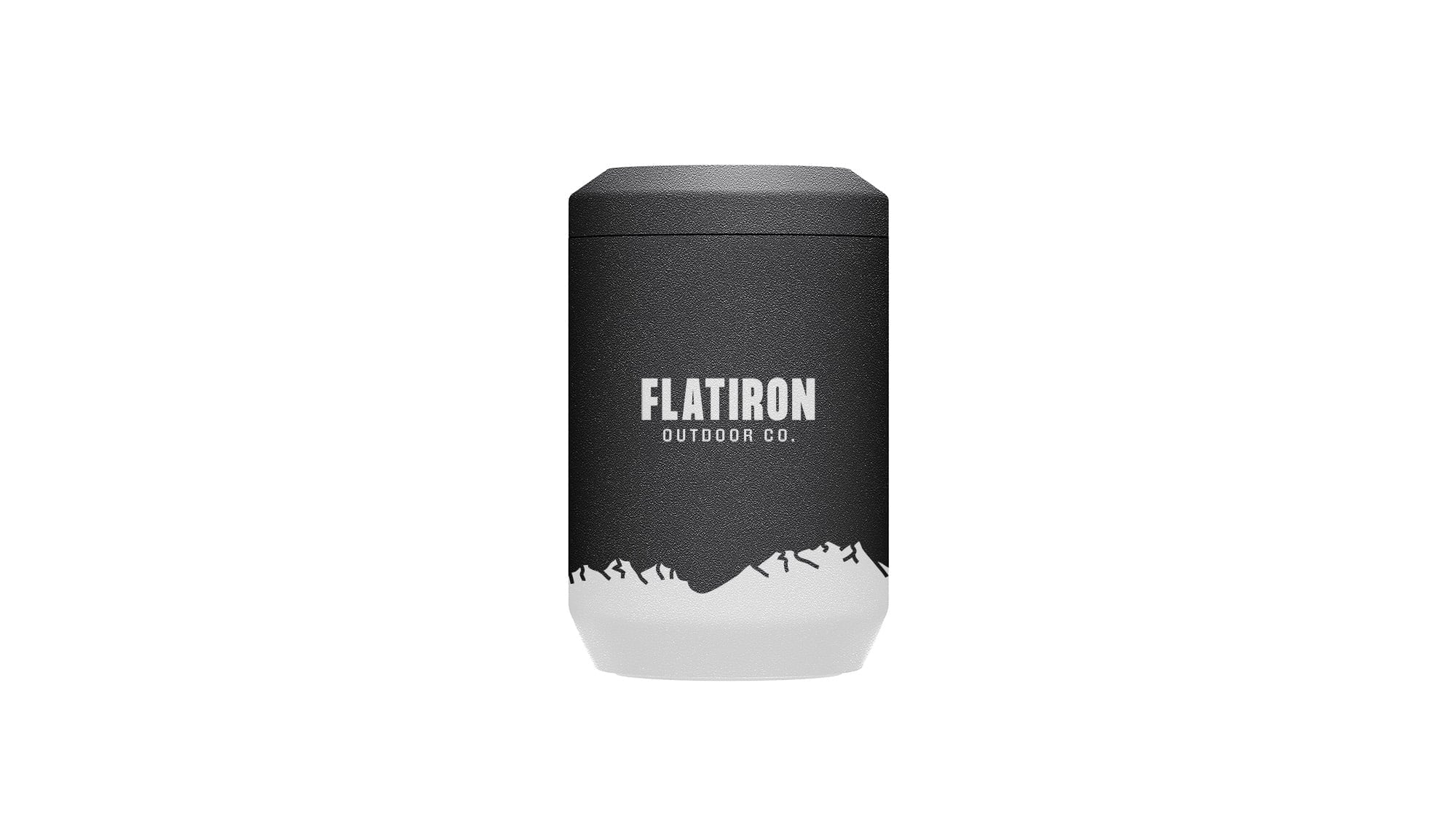 A sleek black insulated beverage can cooler with a white mountain range logo for Flatiron Outdoor Co.
