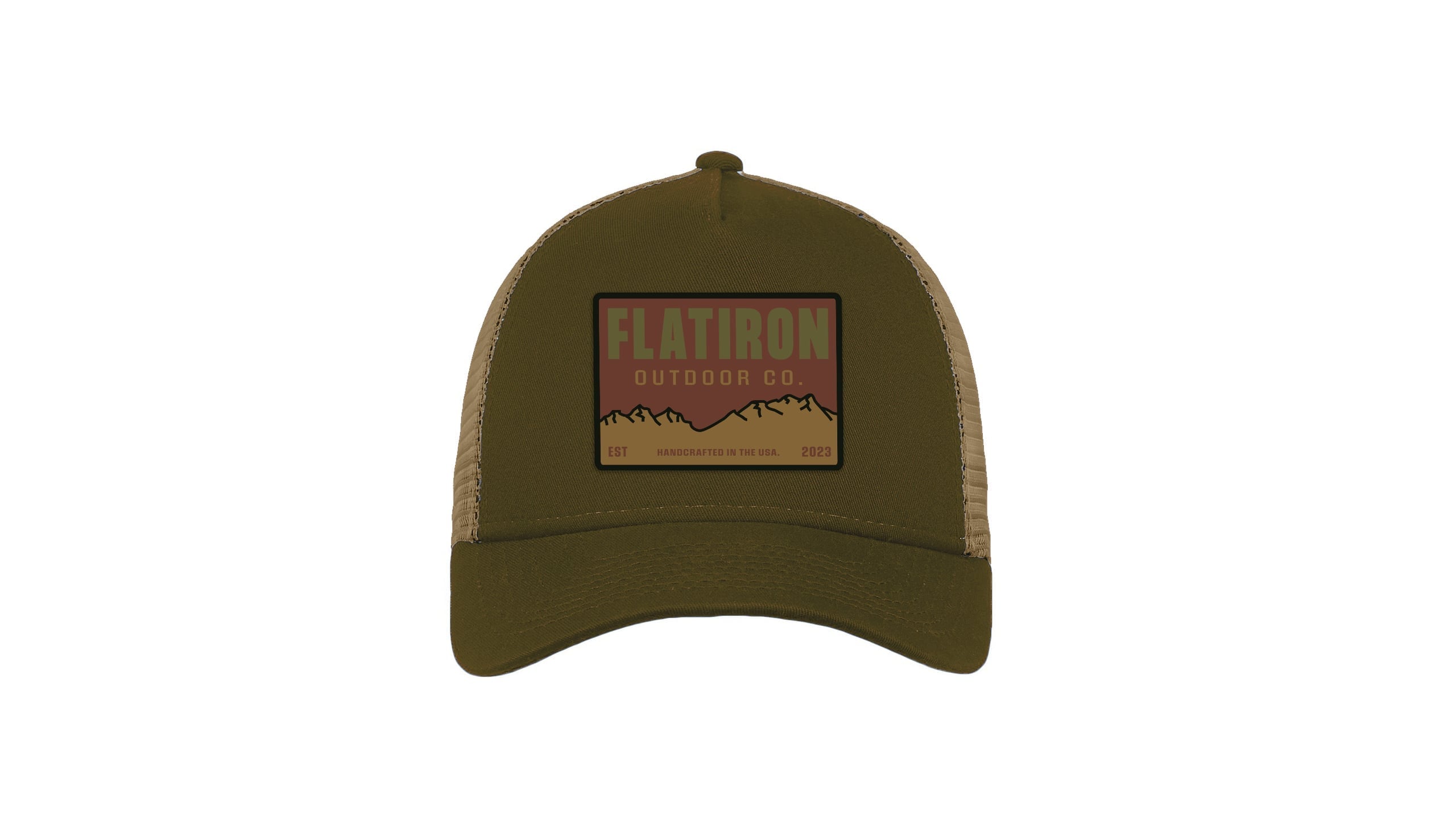 An olive green trucker hat featuring a rectangular embroidered patch of a mountain sunset for Flatiron Outdoor Co.