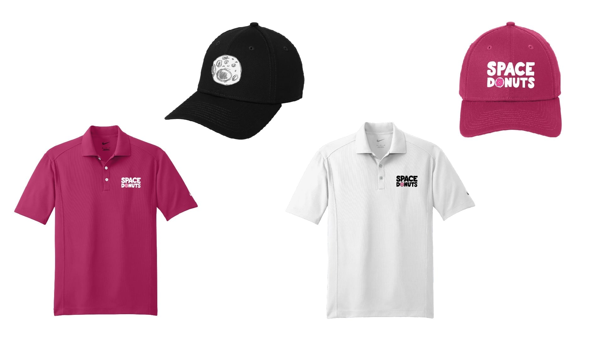 Merchandise selection for Space Donuts, showcasing branded baseball caps in black and magenta, and polo shirts in white and pink.