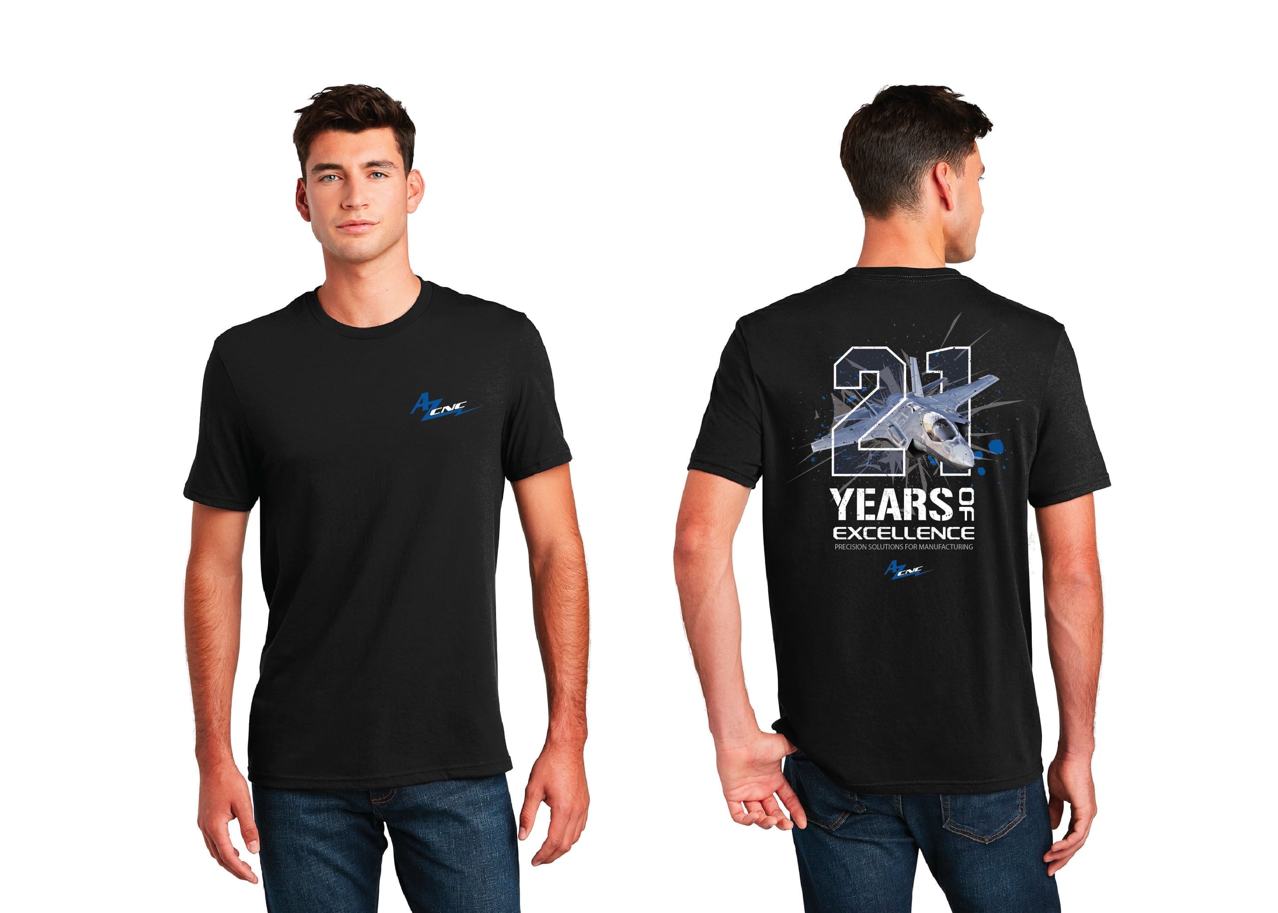 Mockup of a black corporate t-shirt with a blue chest logo and a 'QUALITY BUILT' graphic on the back.