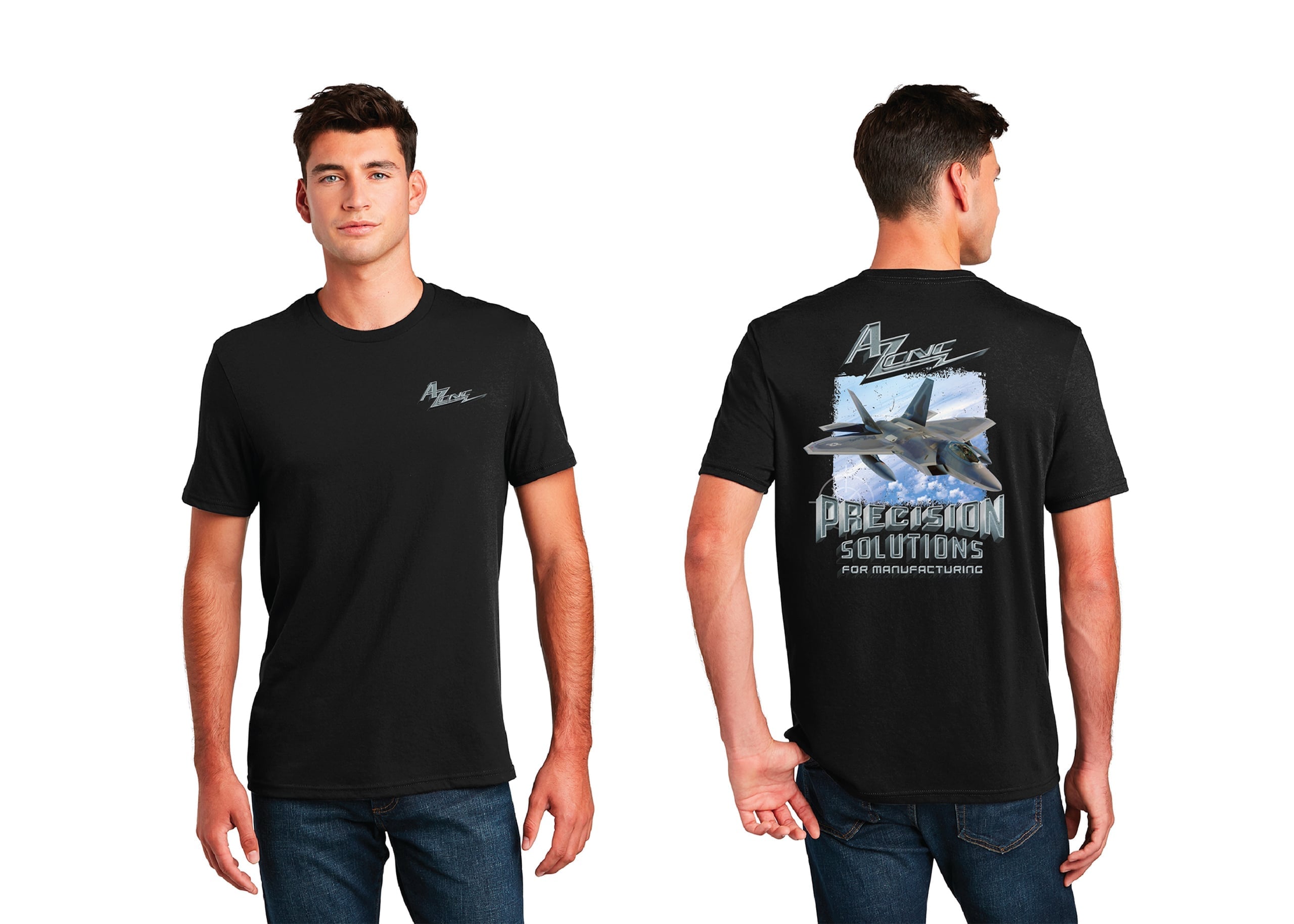 Black t-shirt featuring a detailed graphic design of a fighter jet in flight against the backdrop of a clear blue sky. The plane is a military aircraft, likely a fighter or interceptor type, based on its streamlined body and swept wings.