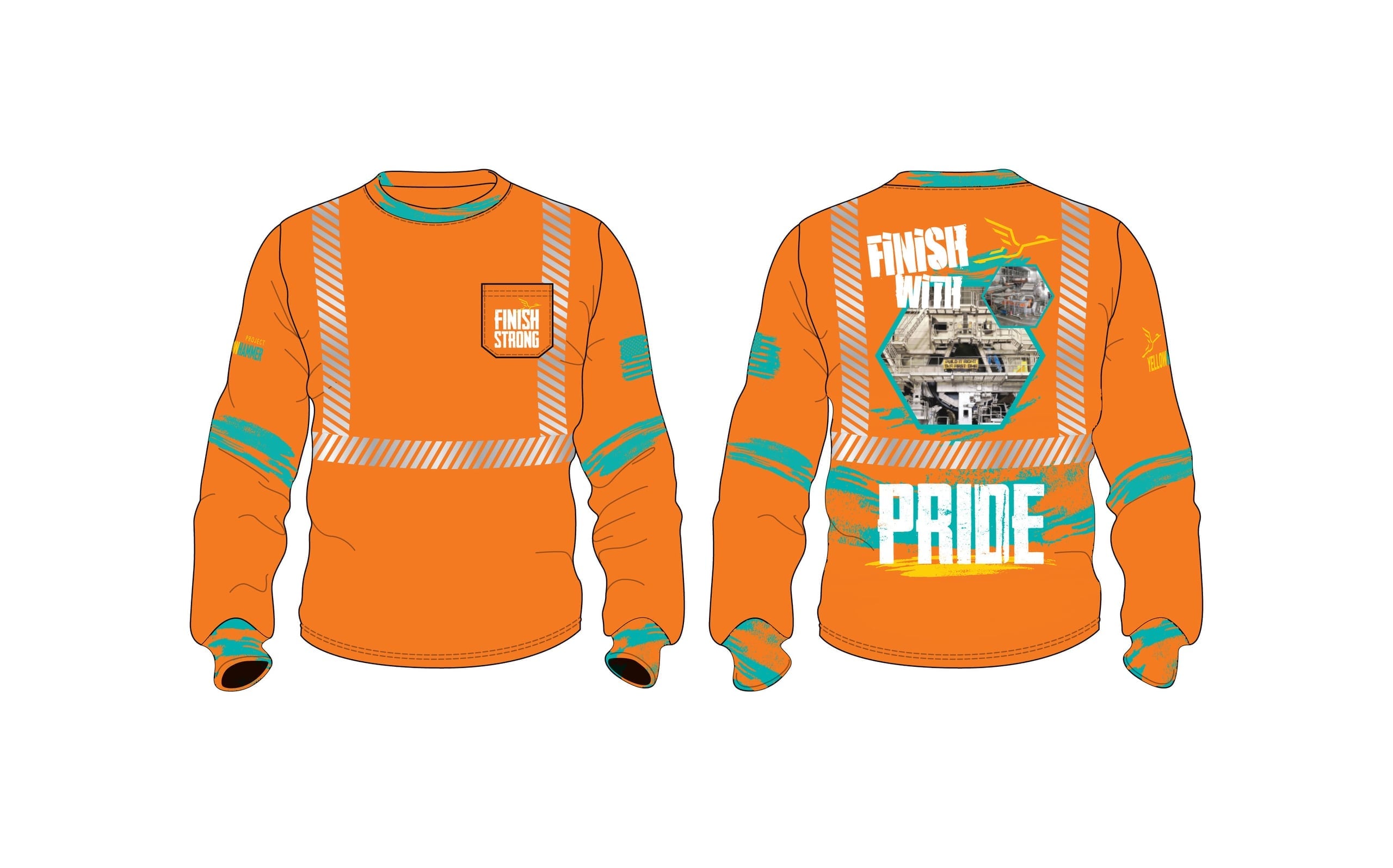 A high-visibility safety orange shirt with reflective silver stripes and 'PRIDE' text across the back, designed for industrial safety.